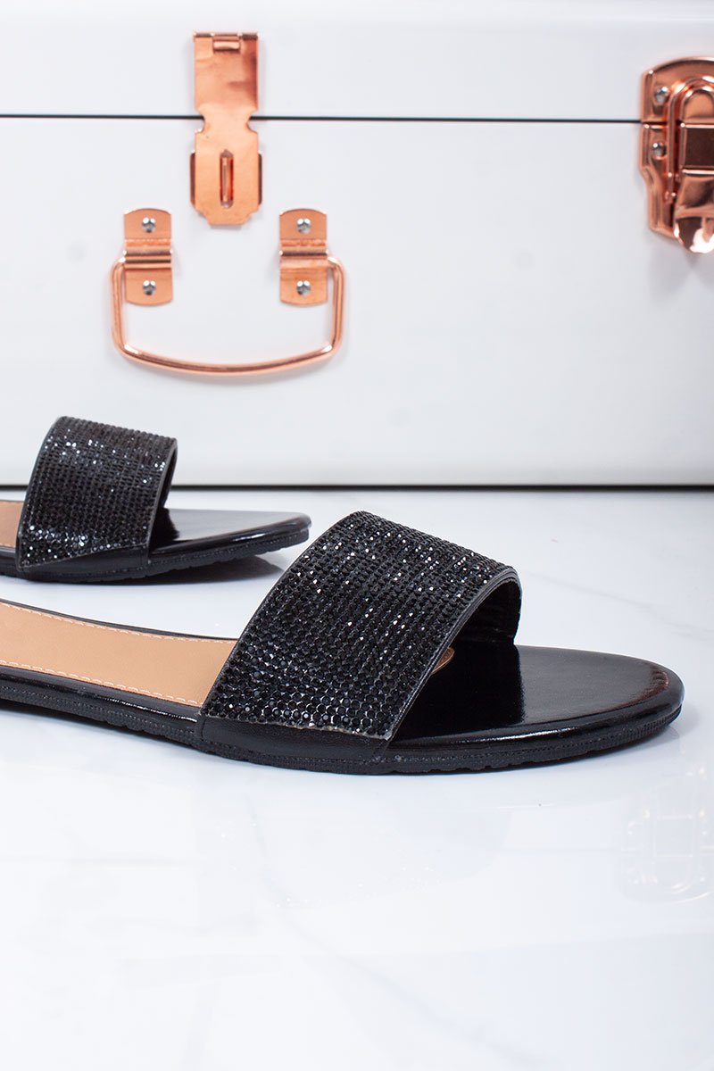 Portia Black Diamante Detail Strap Mule Sandals