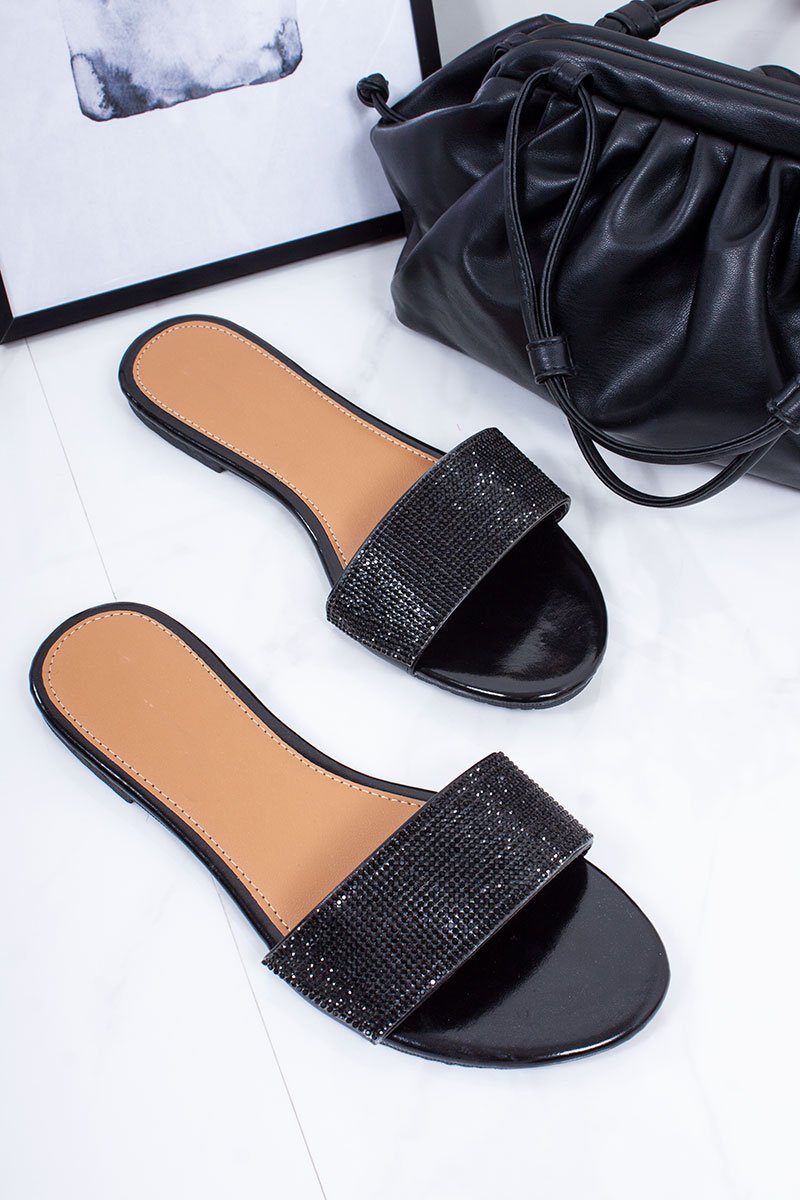 Portia Black Diamante Detail Strap Mule Sandals