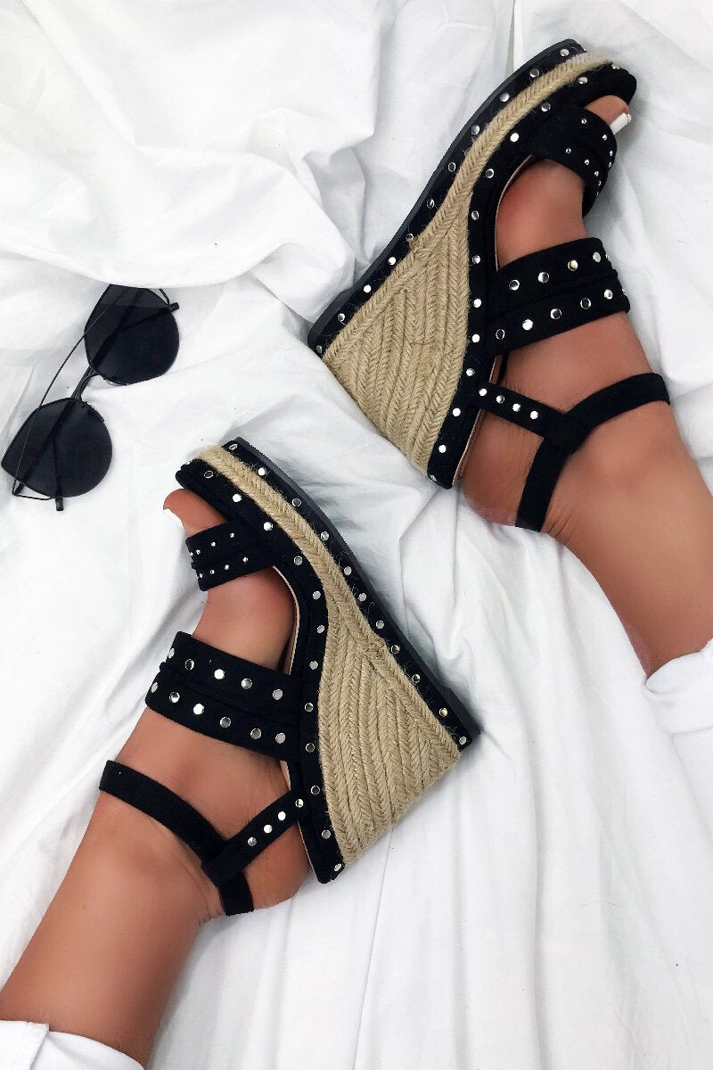 Portia Black Stud Espadrille Wedges With Silver Detail