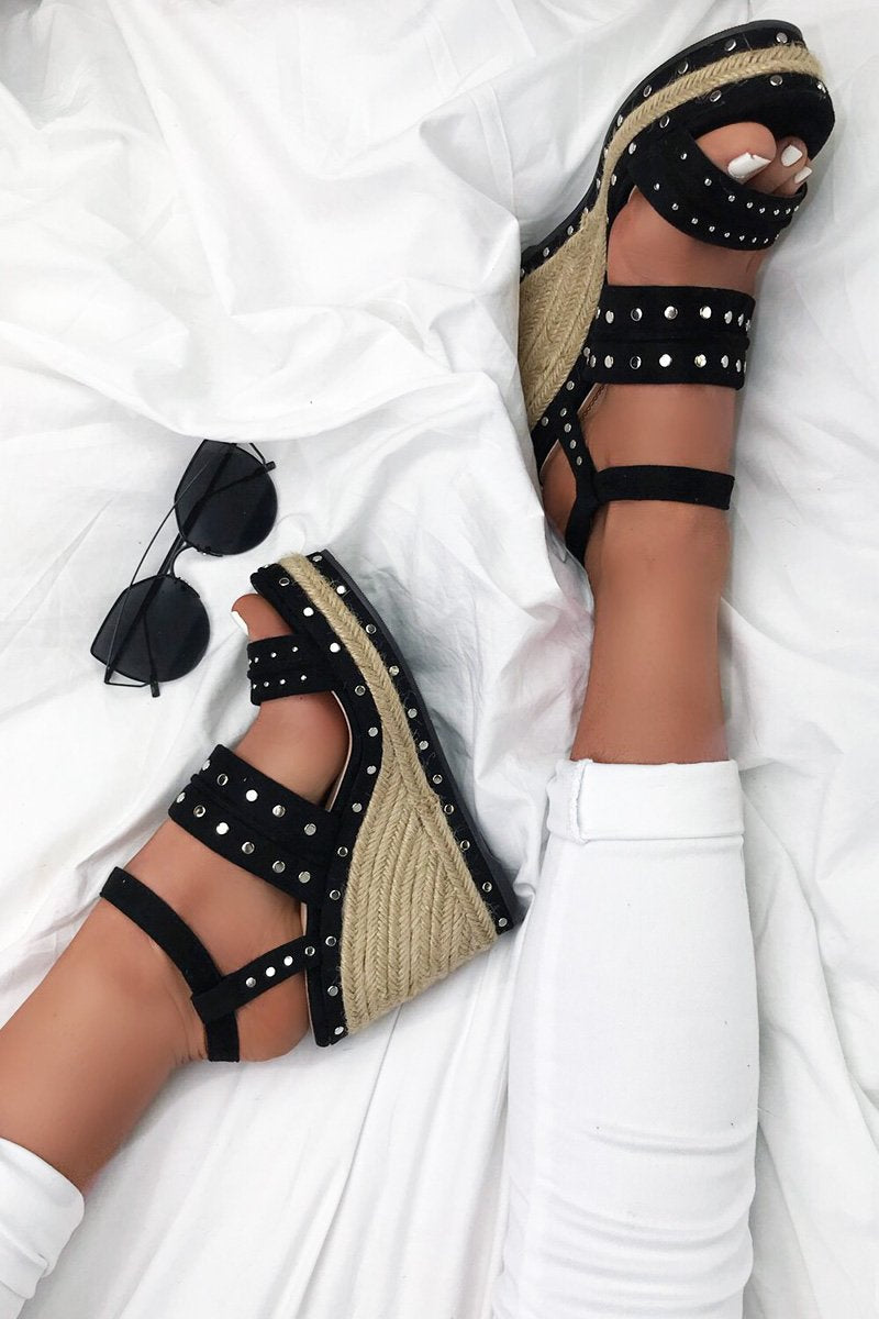 Portia Black Stud Espadrille Wedges With Silver Detail