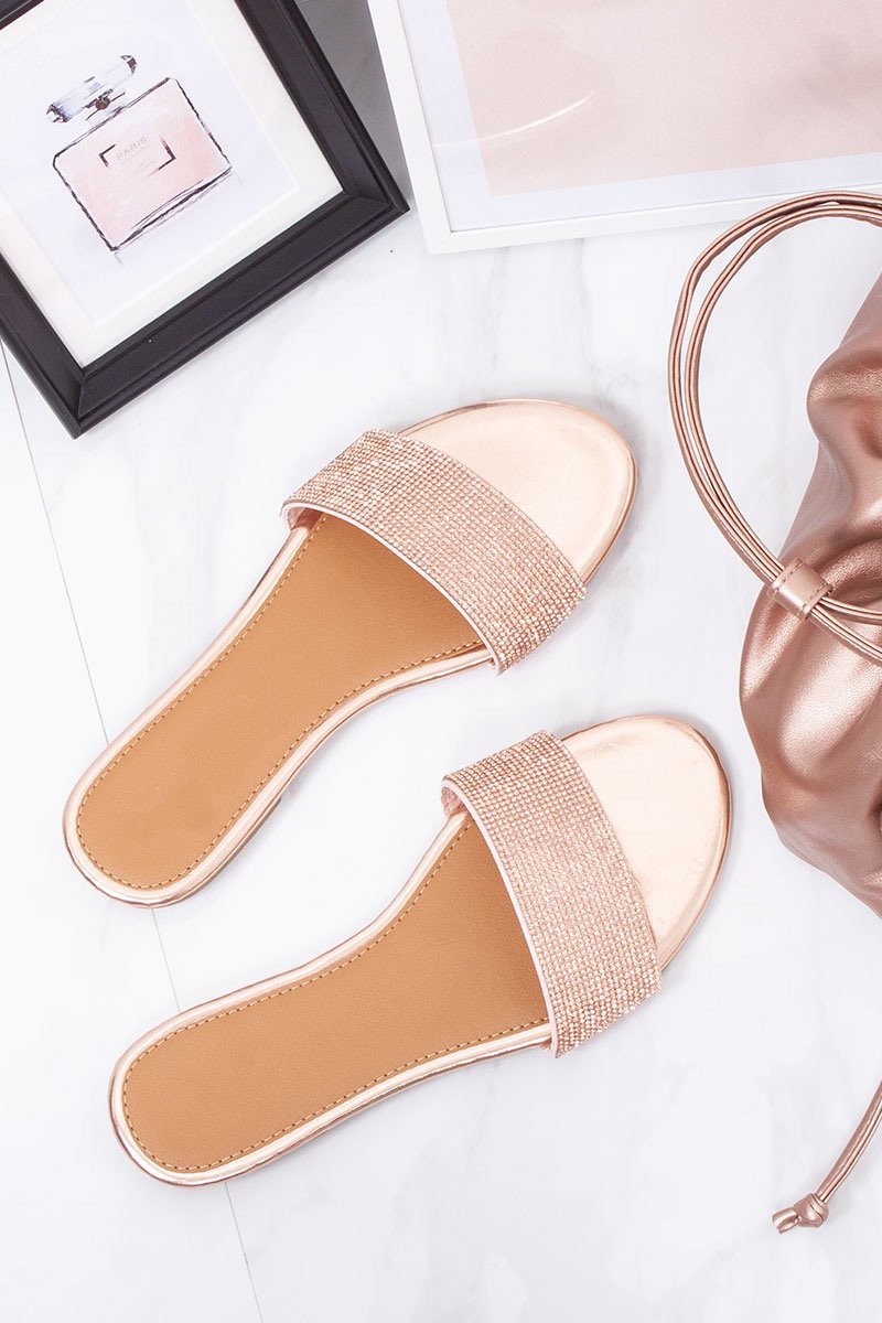 Portia Rose Gold Diamante Detail Strap Mule Sandals