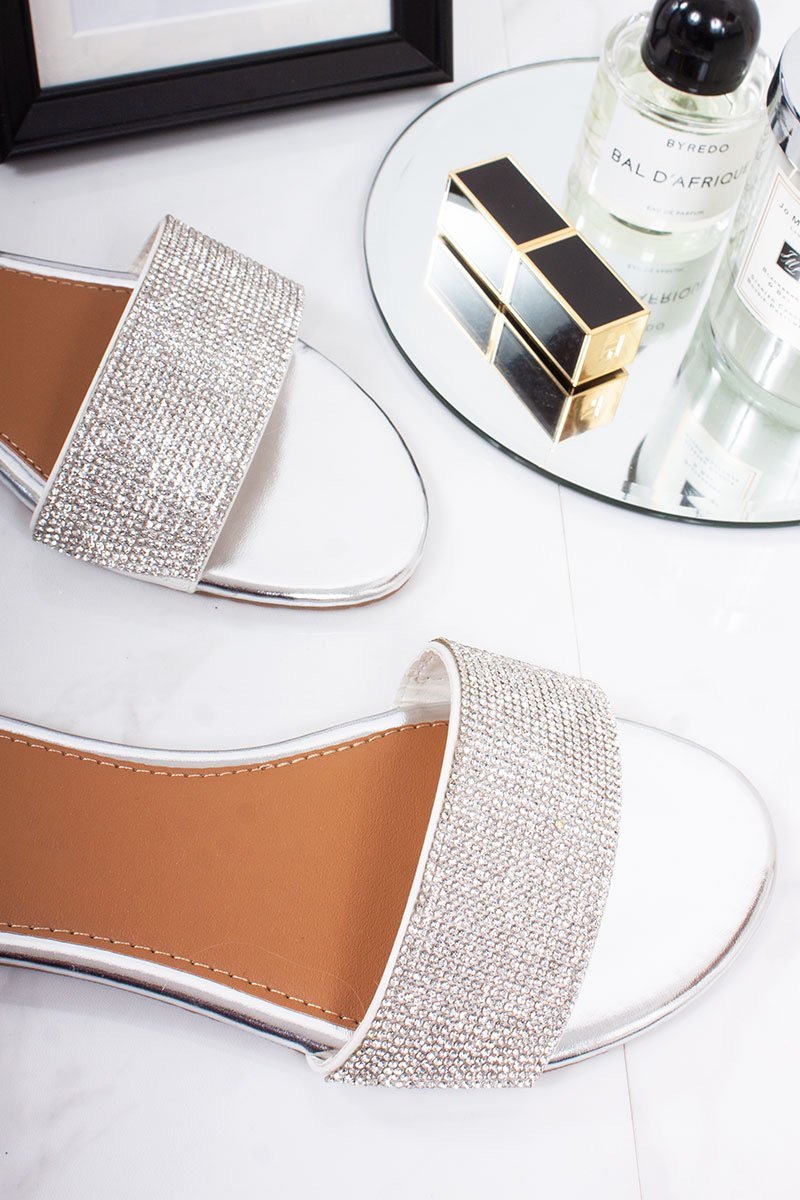 Portia Silver Diamante Detail Strap Mule Sandals