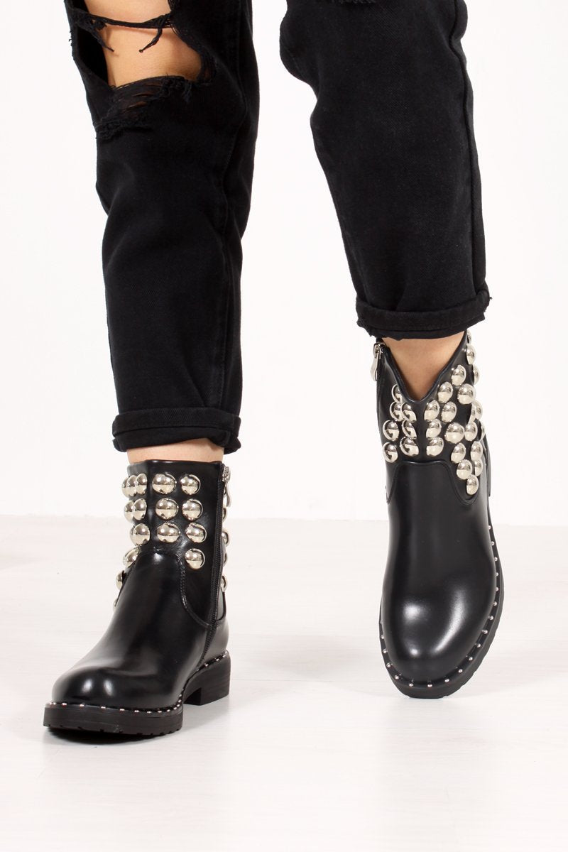 Raegan Black Silver Button Embellished Biker Boots