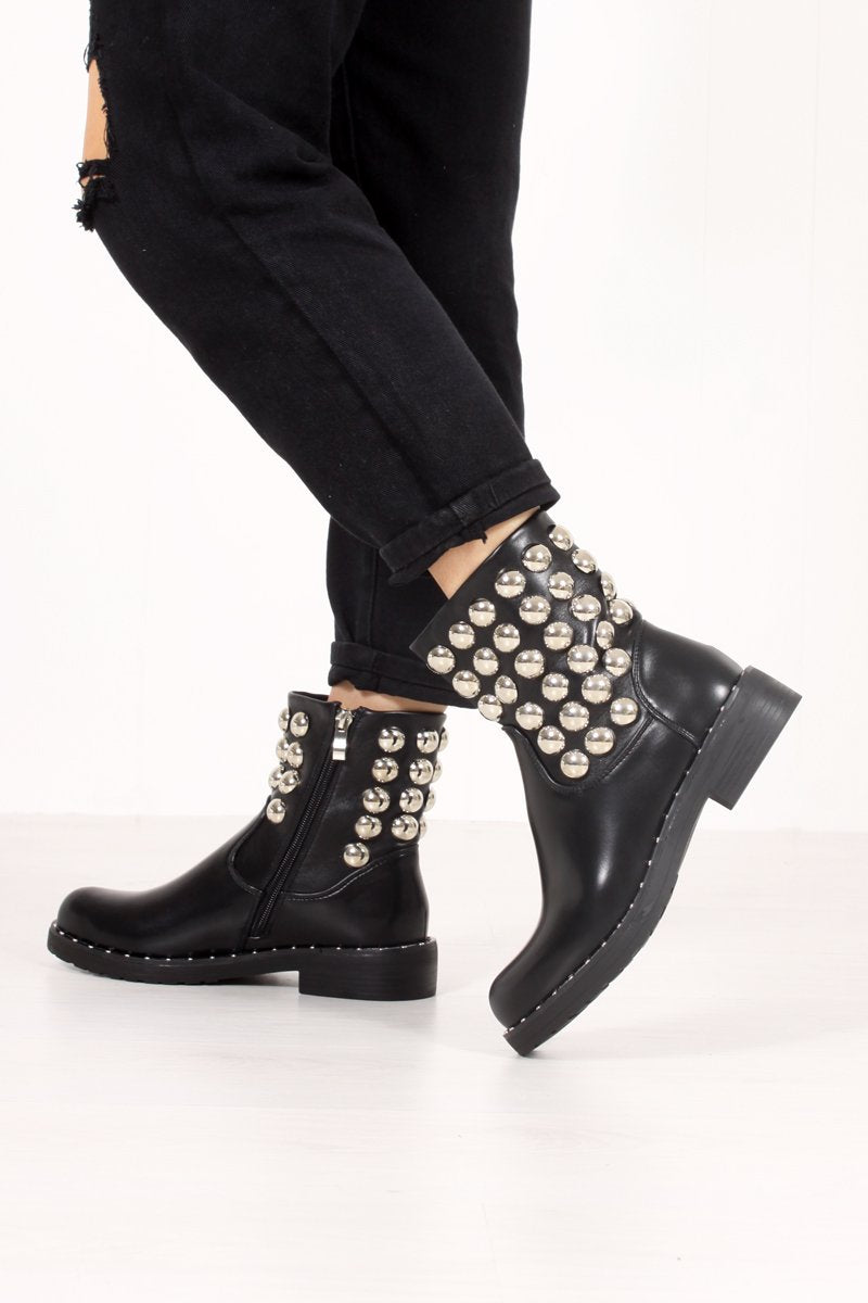 Raegan Black Silver Button Embellished Biker Boots