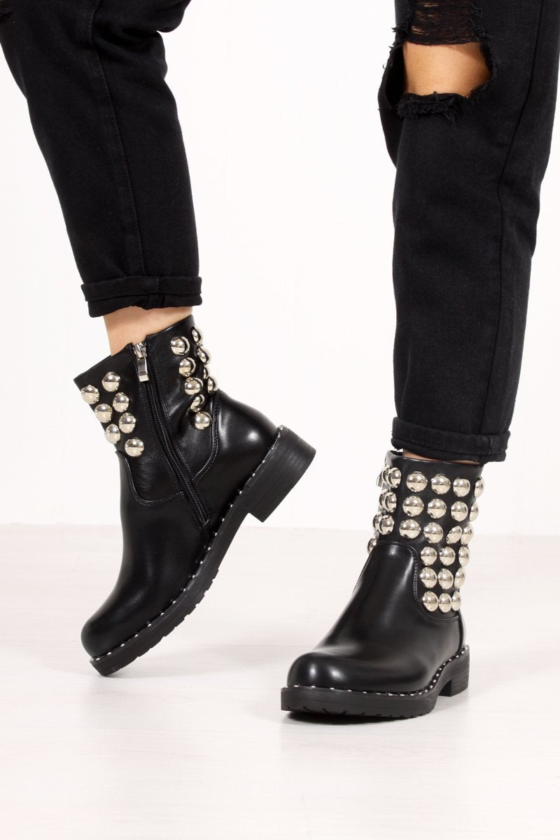 Raegan Black Silver Button Embellished Biker Boots