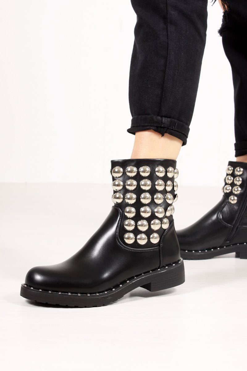 Raegan Black Silver Button Embellished Biker Boots