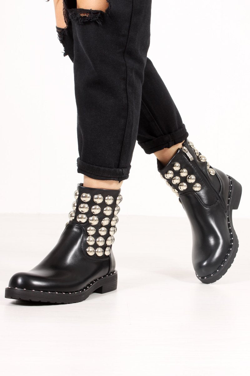 Raegan Black Silver Button Embellished Biker Boots