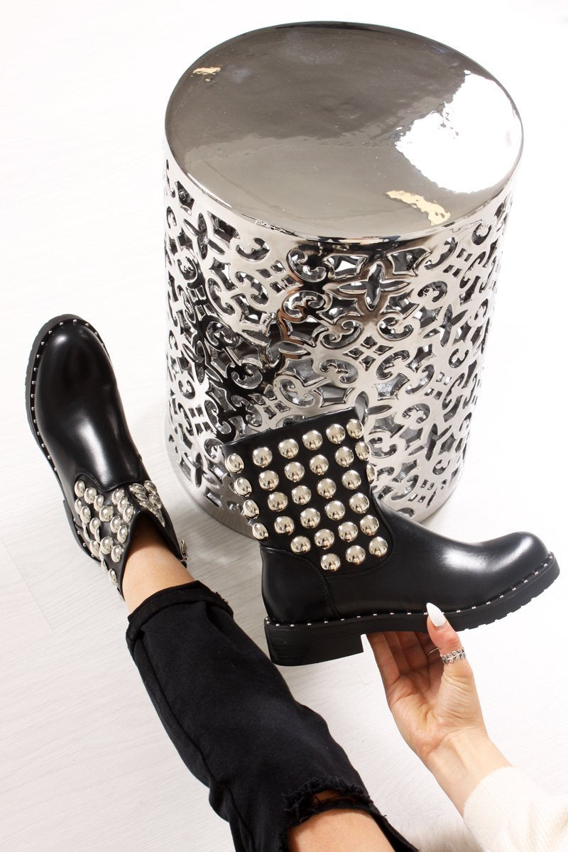 Raegan Black Silver Button Embellished Biker Boots