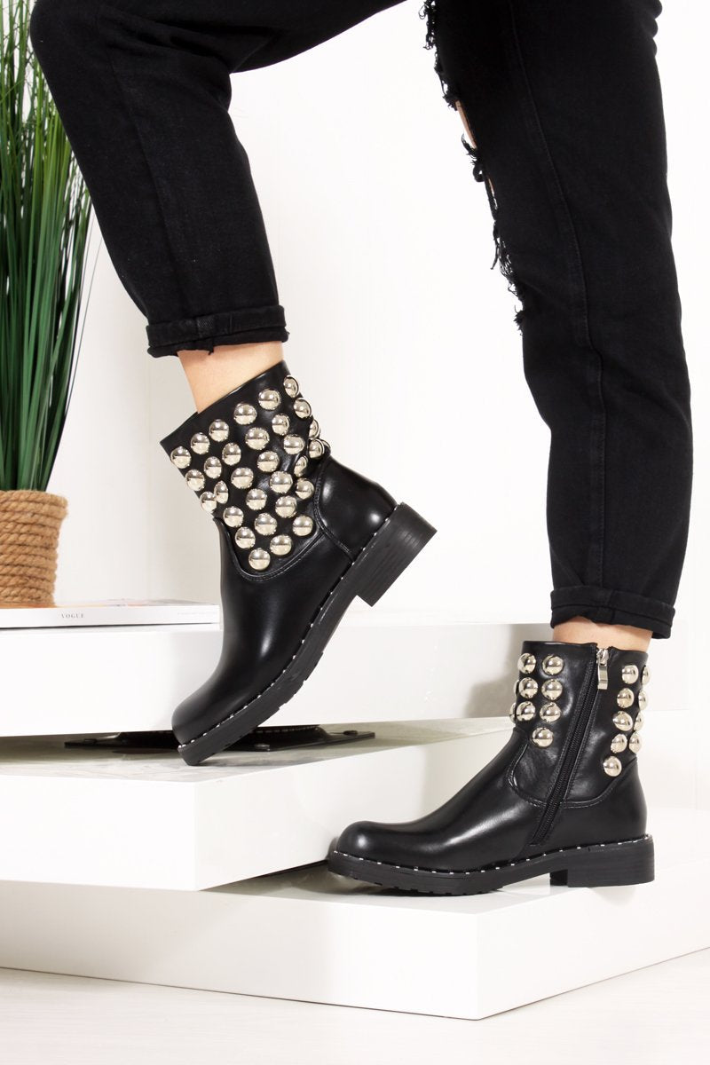 Raegan Black Silver Button Embellished Biker Boots