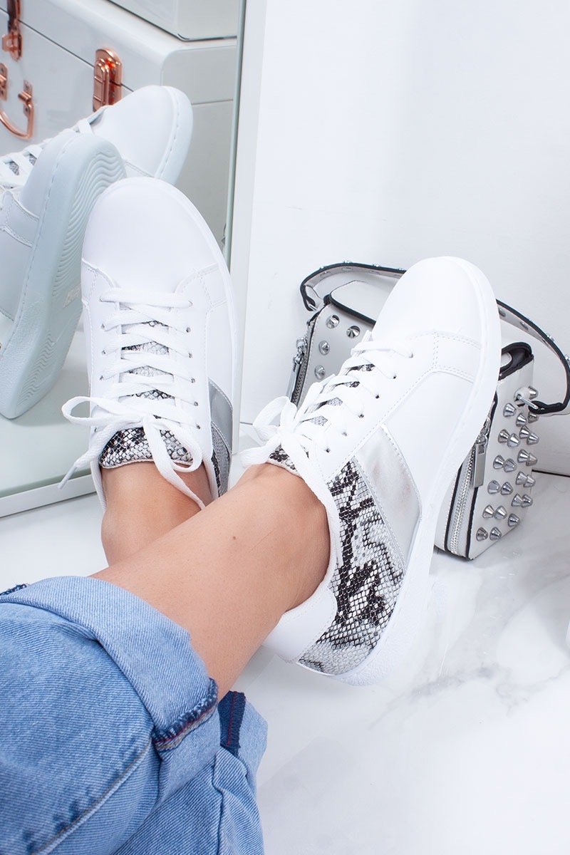 Reese White Lace Up Snake Print Silver Stripe Detail Trainers