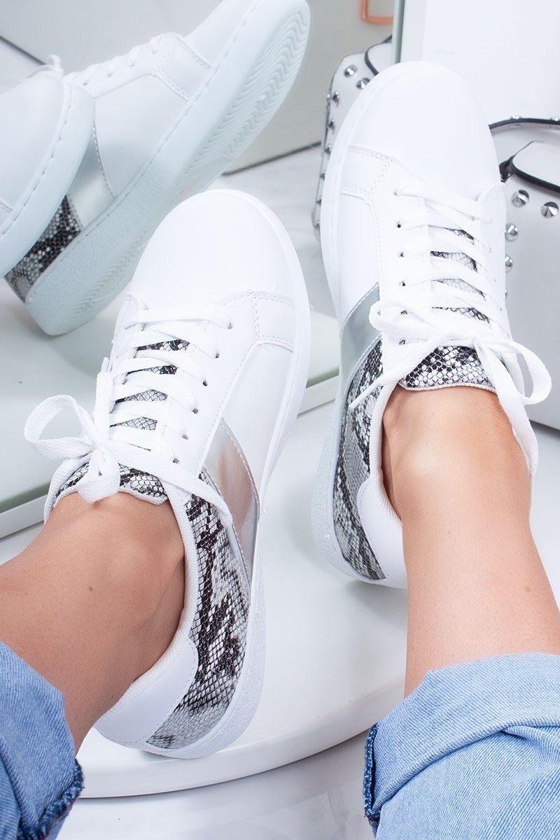 Reese White Lace Up Snake Print Silver Stripe Detail Trainers