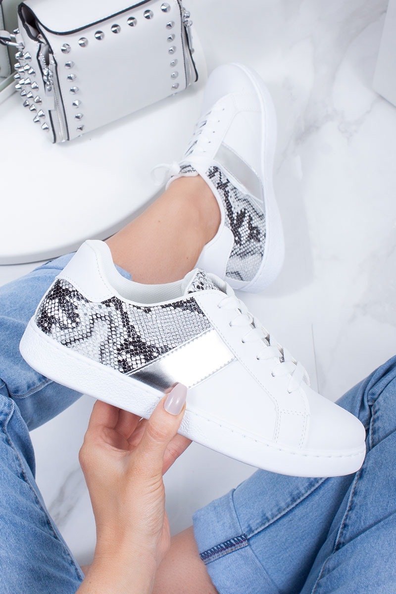 Reese White Lace Up Snake Print Silver Stripe Detail Trainers