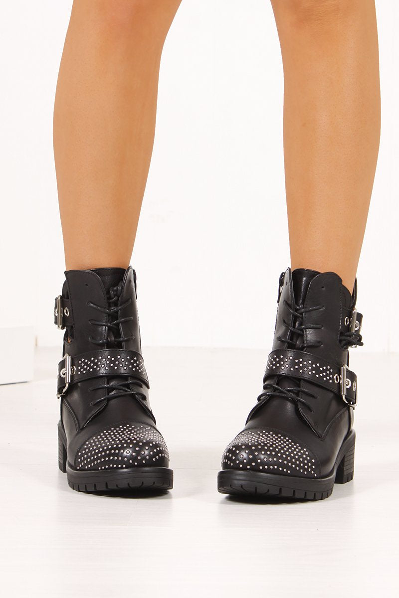 Remi Black Studded Toe Cut Out Ankle Boots