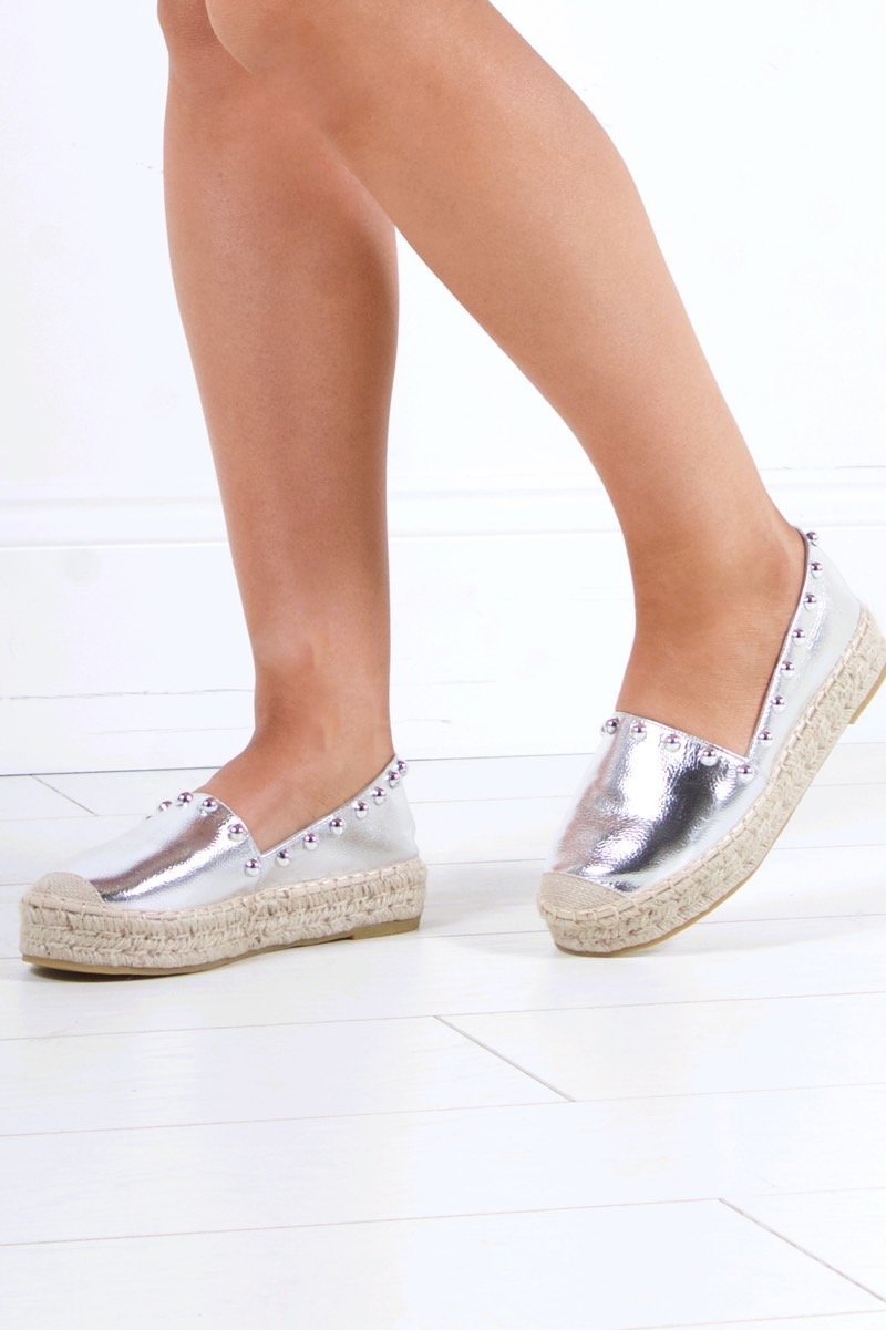 Renee Silver Stud Espadrilles With Silver Detail