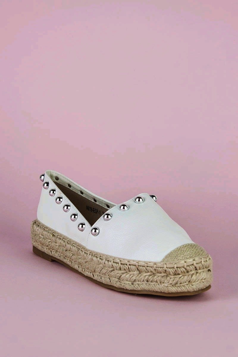 Renee White Stud Espadrilles With Silver Detail