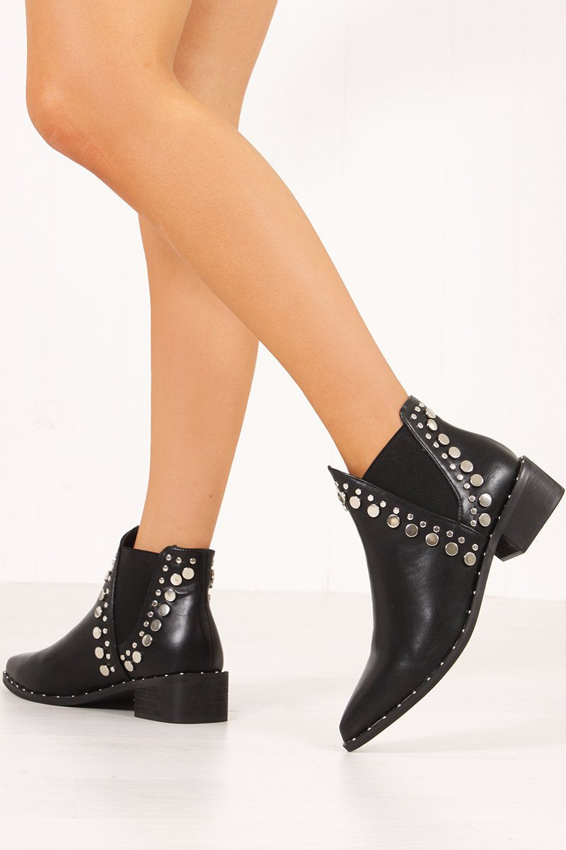 Riah Black Silver Studded Western Style Ankle Boots