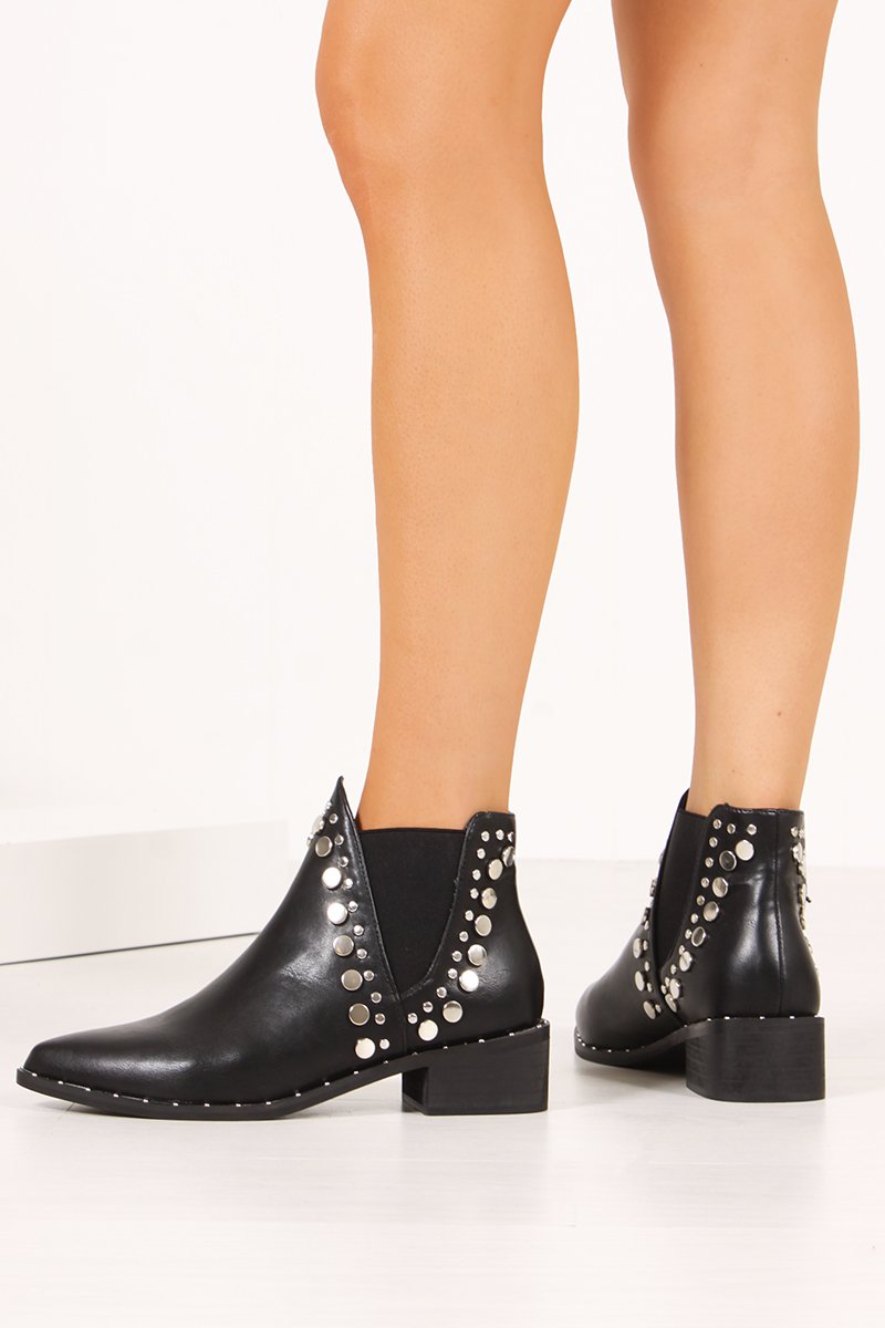 Riah Black Silver Studded Western Style Ankle Boots