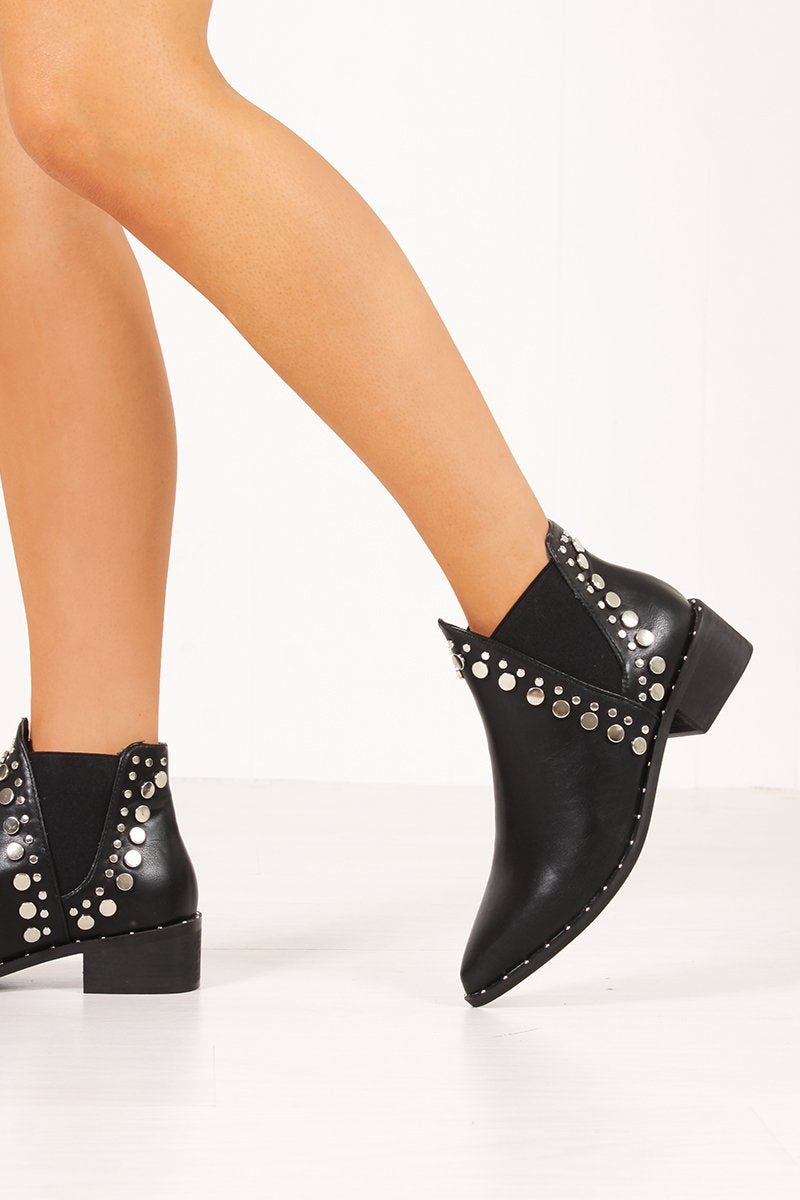 Riah Black Silver Studded Western Style Ankle Boots