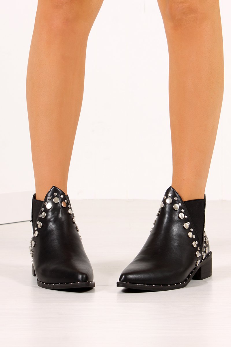 Riah Black Silver Studded Western Style Ankle Boots