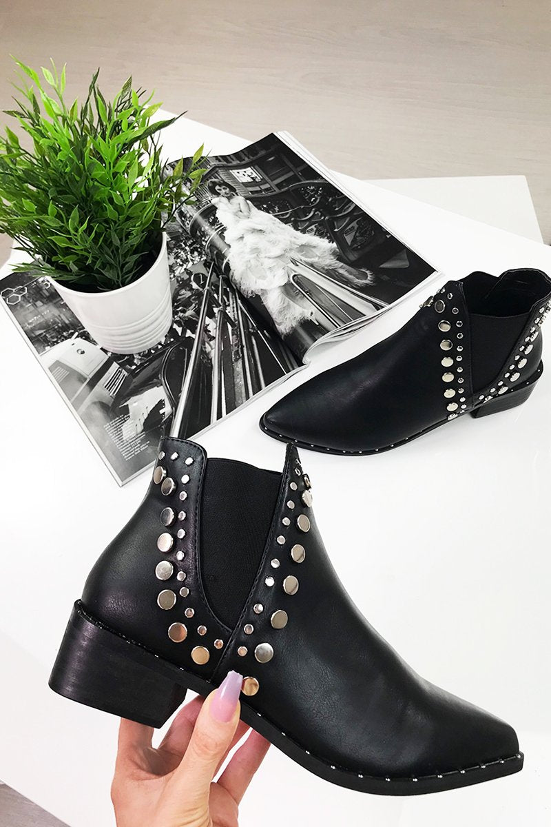 Riah Black Silver Studded Western Style Ankle Boots