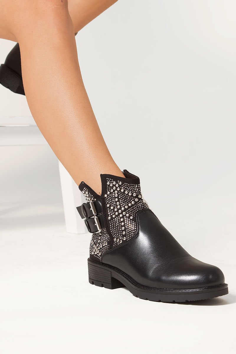 Riley Black Silver Studded Biker Boots