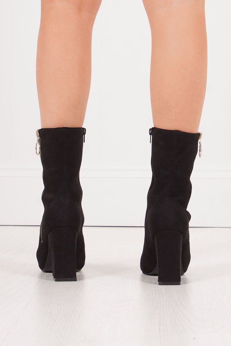 Rita Black Faux Suede Gold Zip Block Heel Boots