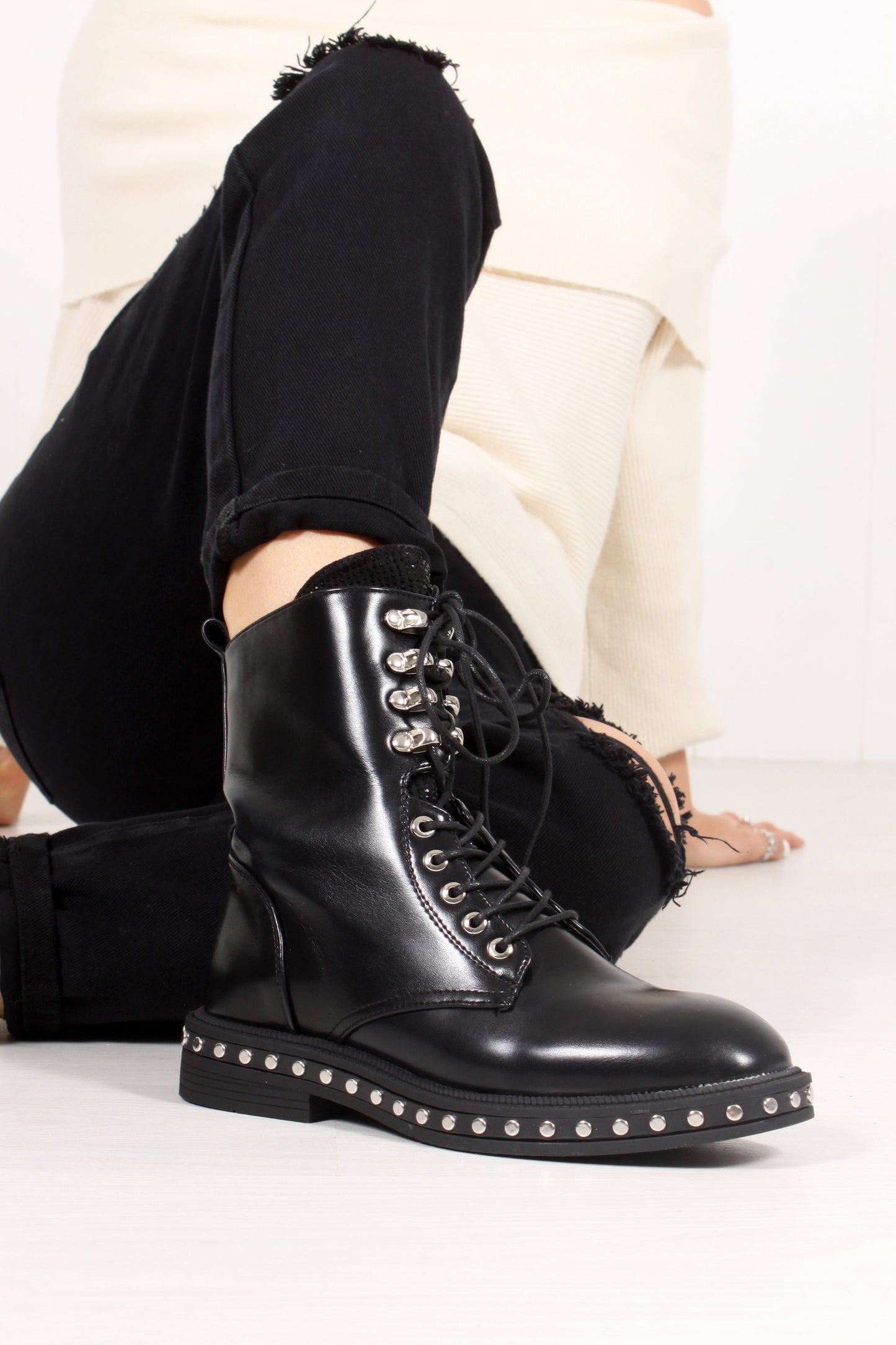 Rosaline Black Diamante Tongue Silver Stud Biker Boots