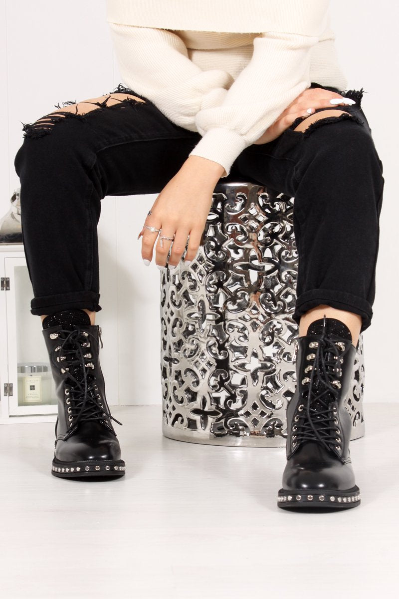 Rosaline Black Diamante Tongue Silver Stud Biker Boots