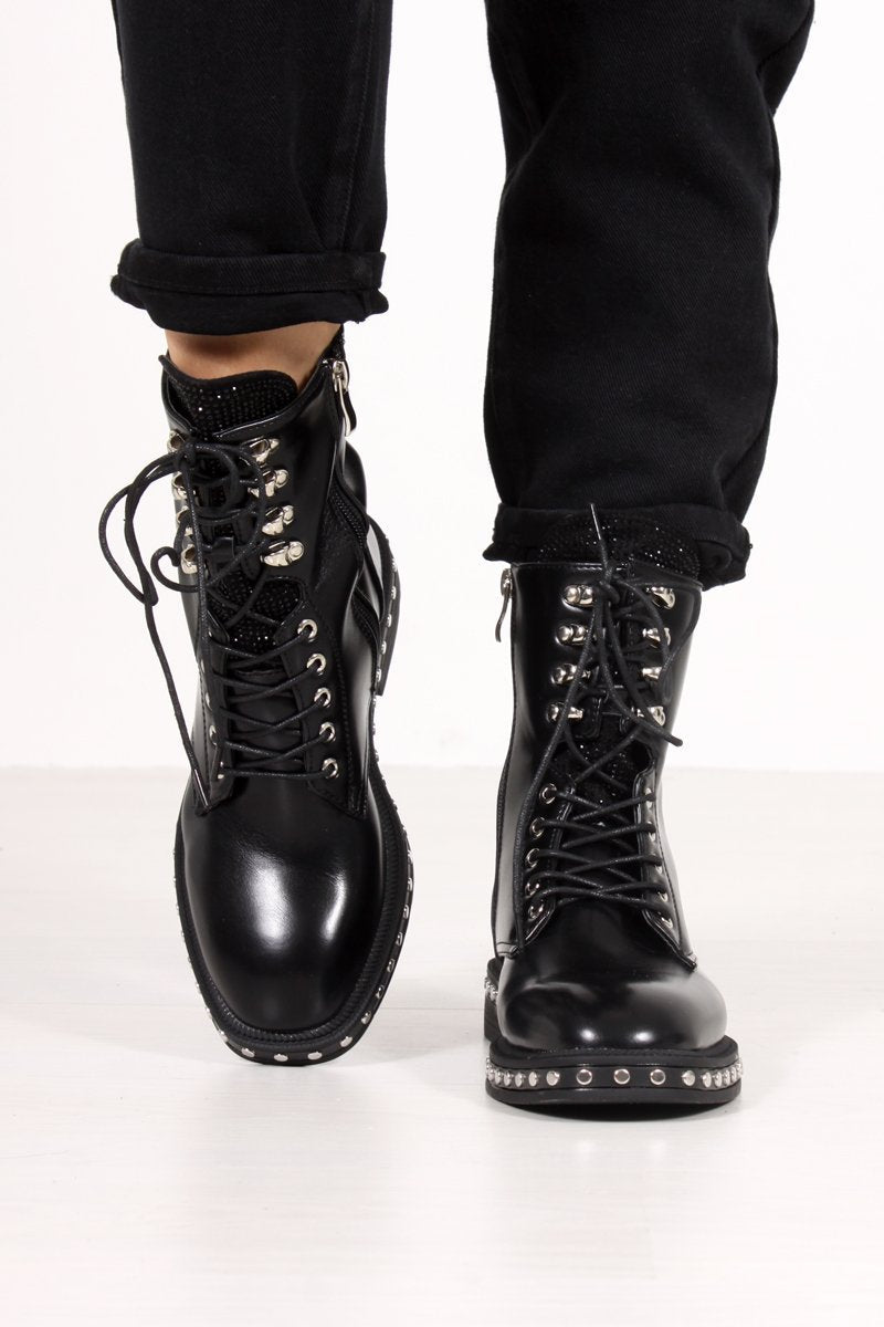 Rosaline Black Diamante Tongue Silver Stud Biker Boots