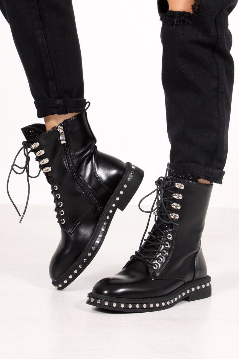 Rosaline Black Diamante Tongue Silver Stud Biker Boots