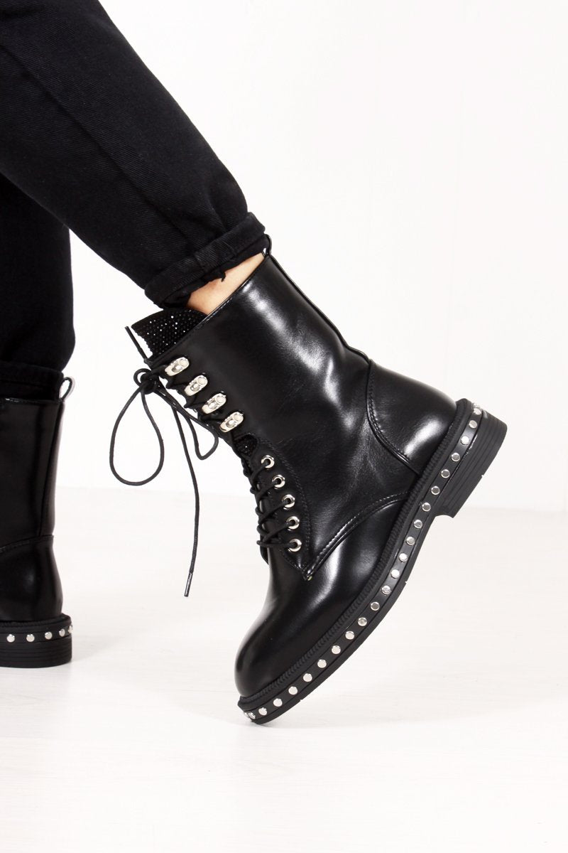 Rosaline Black Diamante Tongue Silver Stud Biker Boots