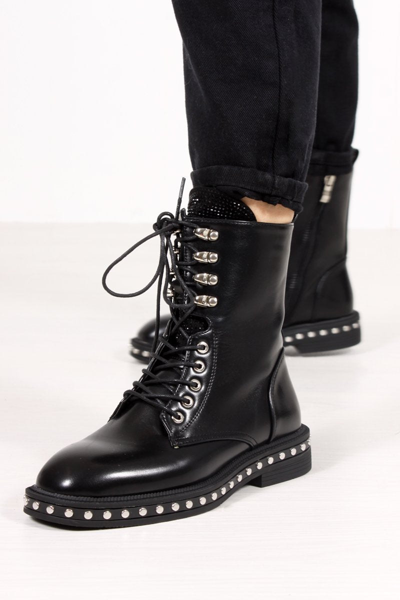 Rosaline Black Diamante Tongue Silver Stud Biker Boots