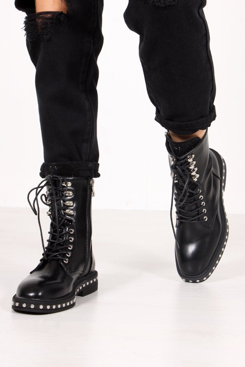 Rosaline Black Diamante Tongue Silver Stud Biker Boots