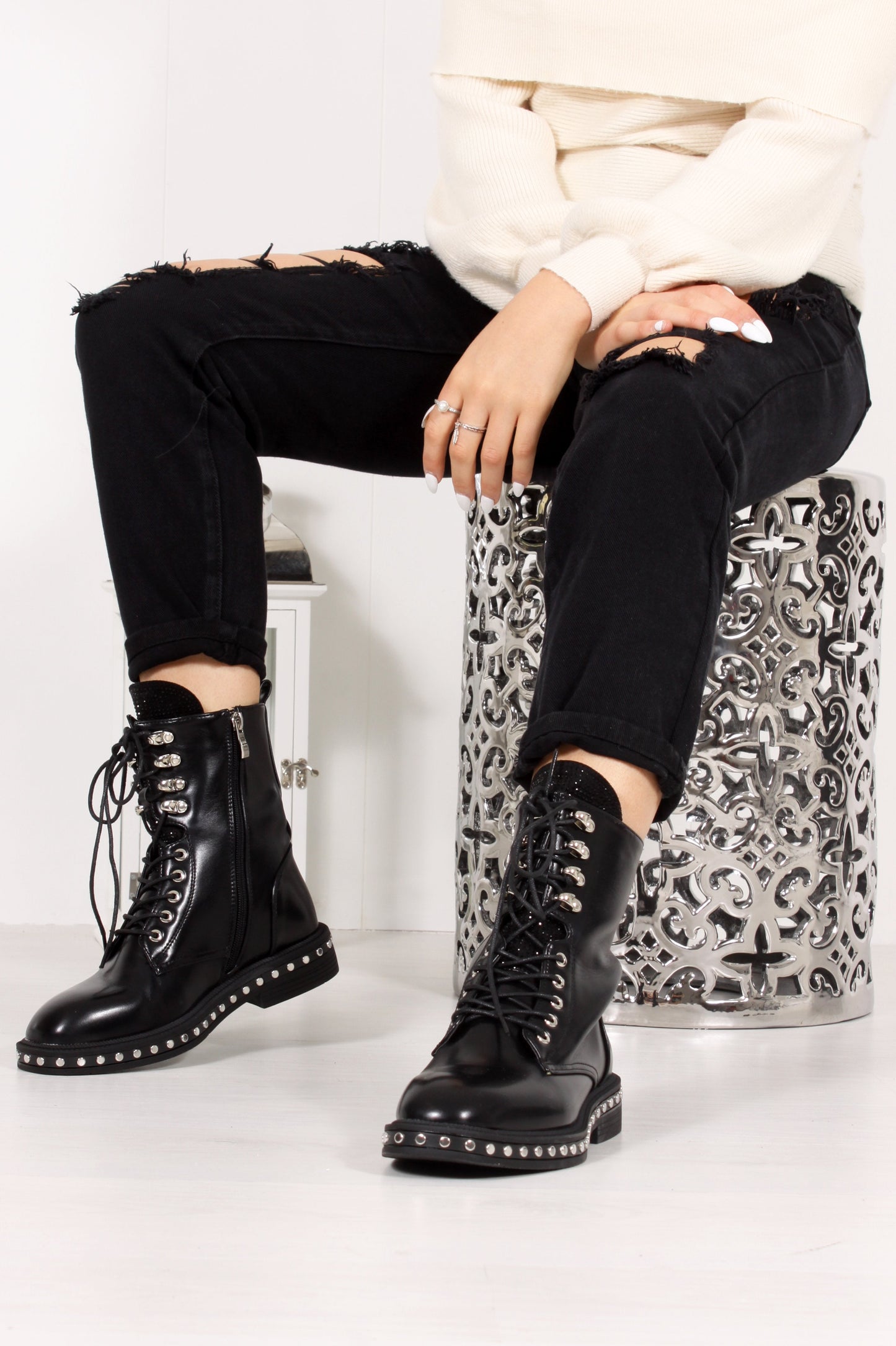 Rosaline Black Diamante Tongue Silver Stud Biker Boots