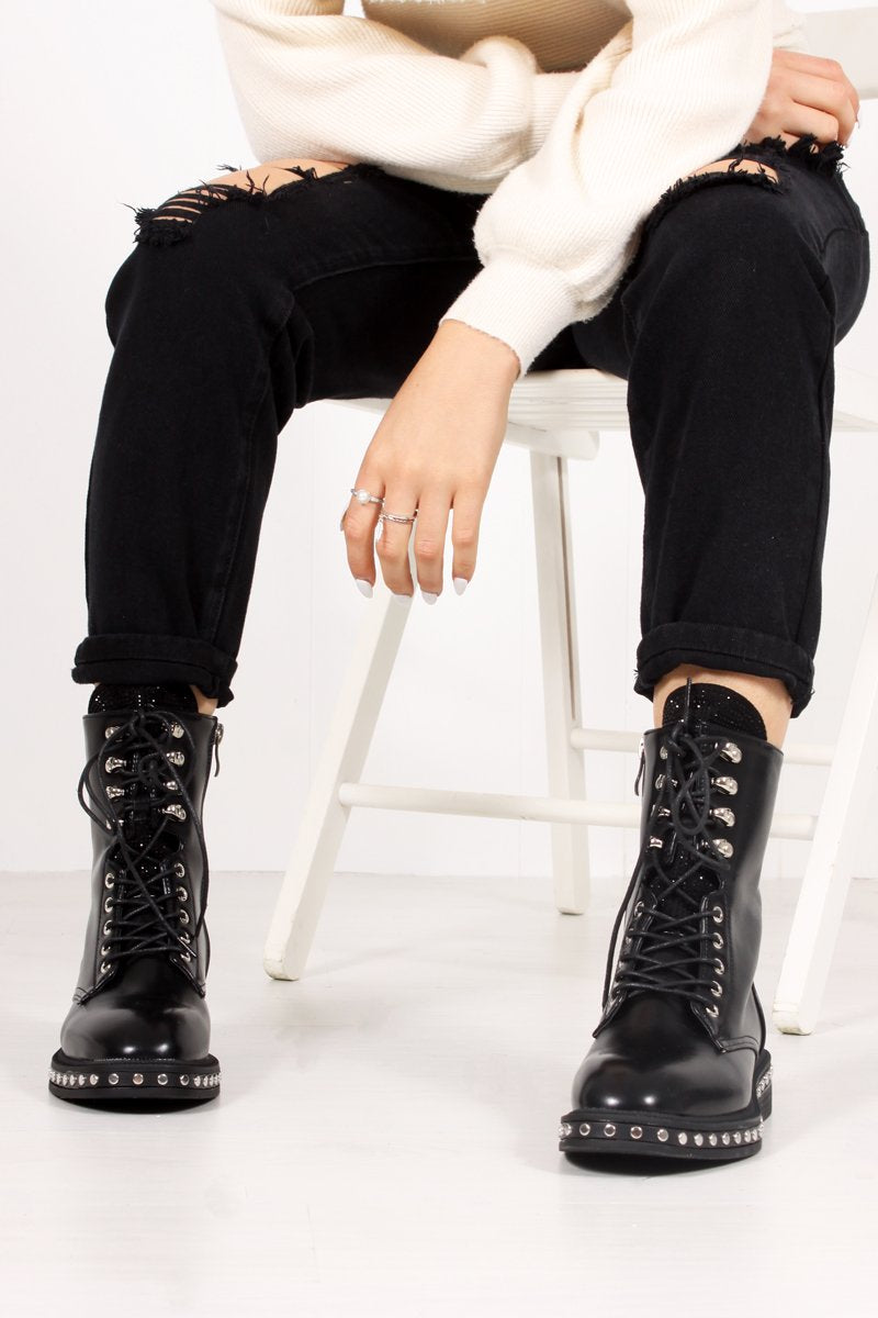 Rosaline Black Diamante Tongue Silver Stud Biker Boots