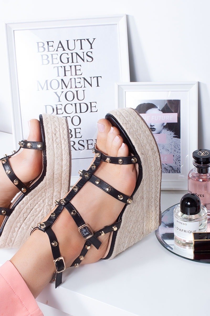 Rubie Black Studded Cage Gladiator Espadrille Wedges