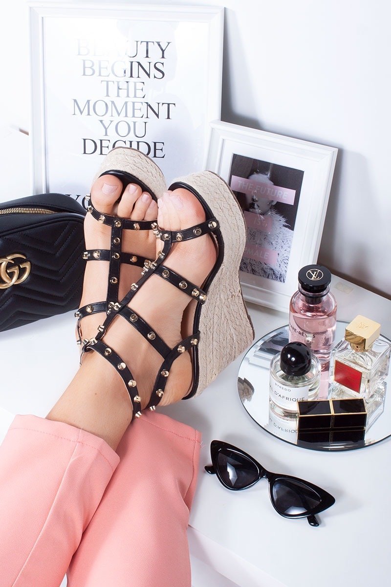 Rubie Black Studded Cage Gladiator Espadrille Wedges