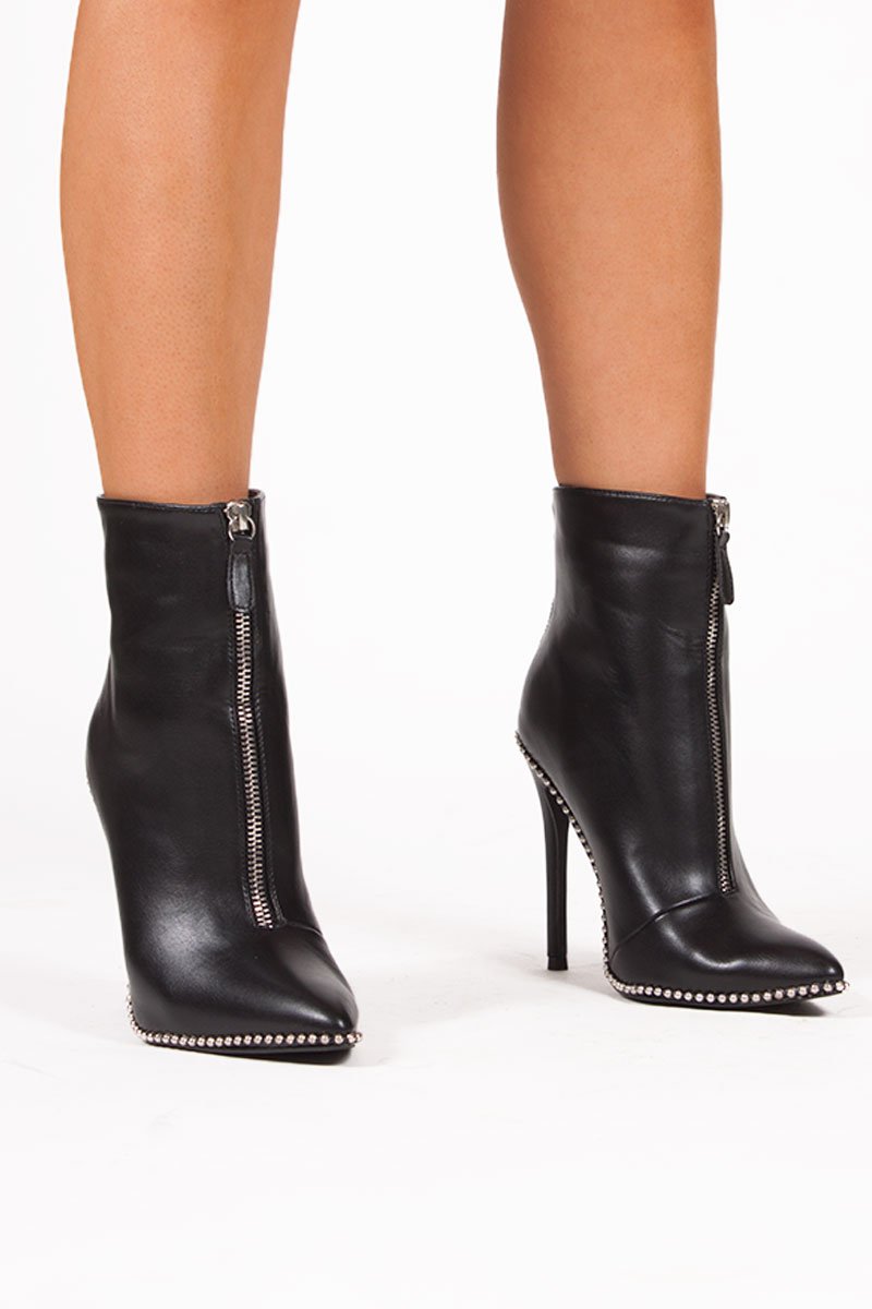 Sadie Black Zip Front Stiletto Stud Boots