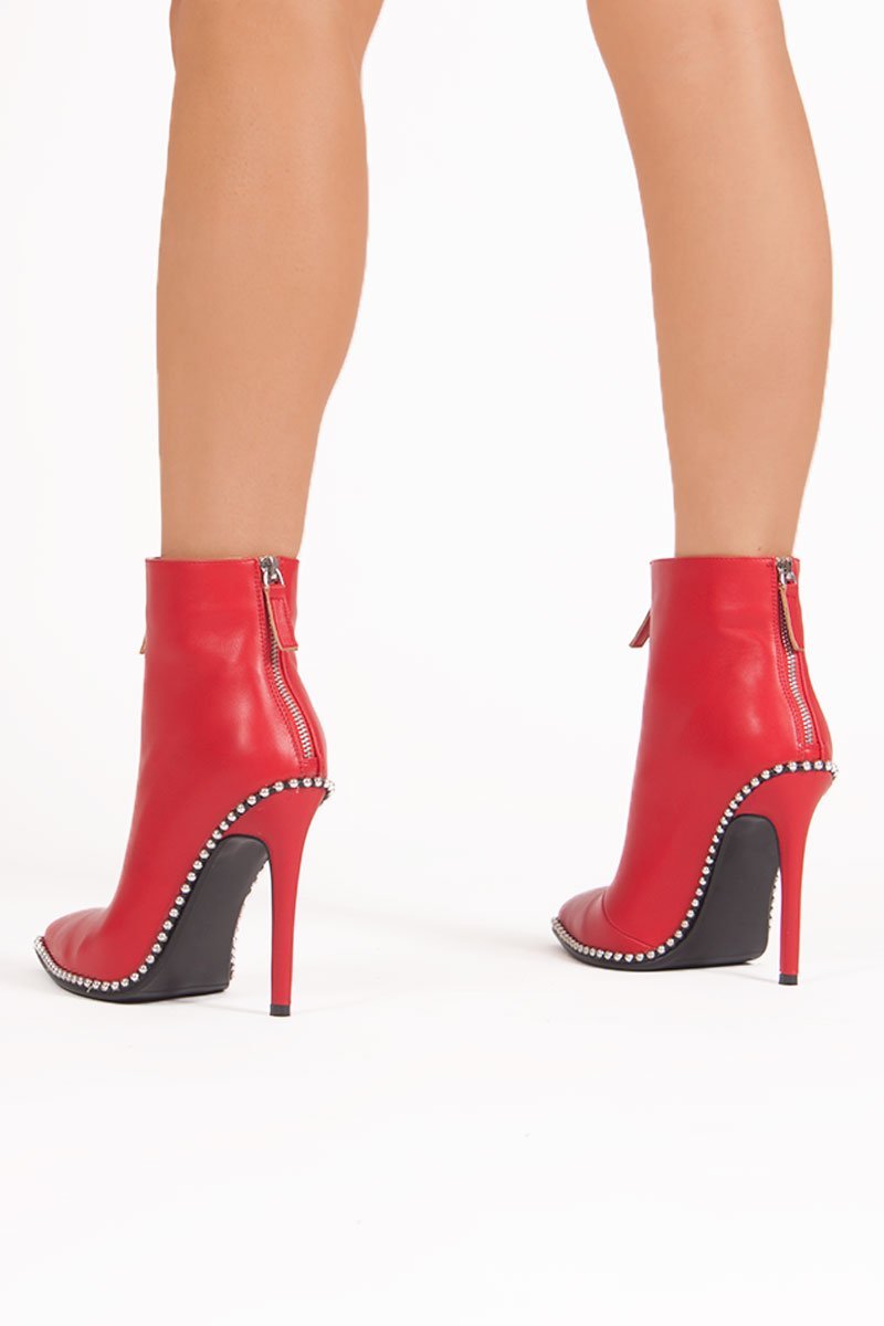 Sadie Red Zip Front Stiletto Stud Boots