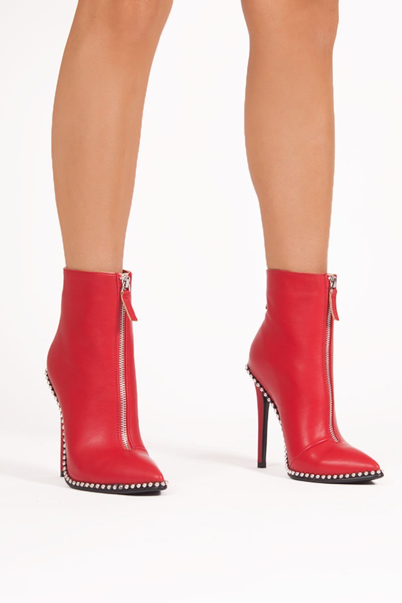 Sadie Red Zip Front Stiletto Stud Boots