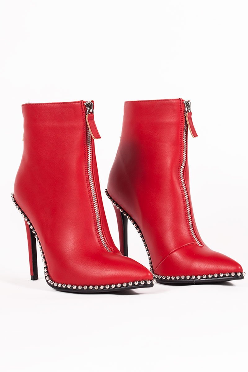 Sadie Red Zip Front Stiletto Stud Boots