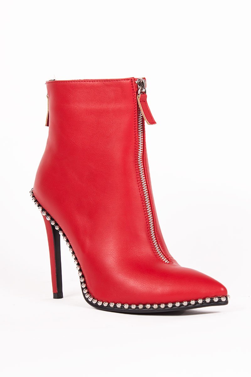 Sadie Red Zip Front Stiletto Stud Boots