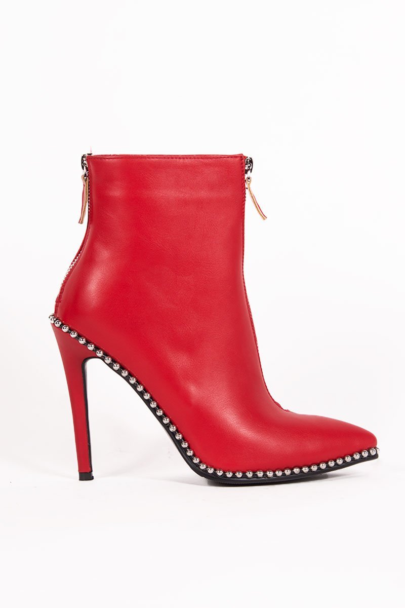 Sadie Red Zip Front Stiletto Stud Boots