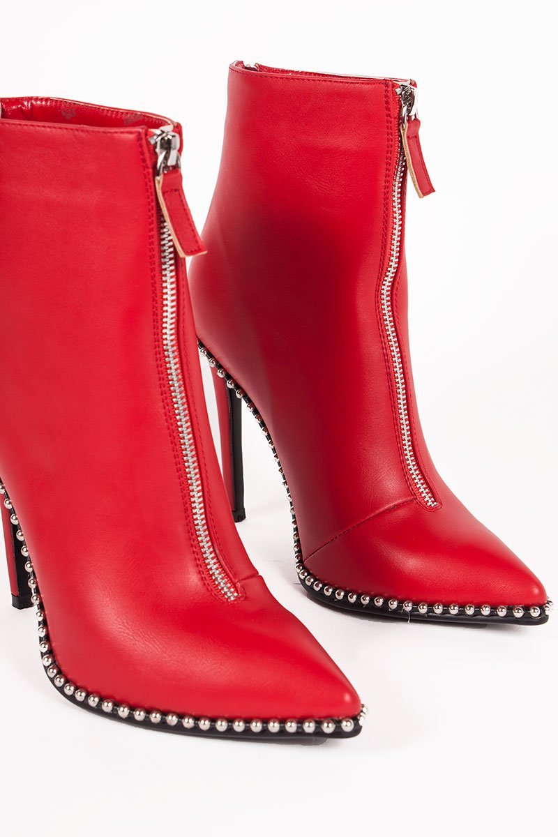 Sadie Red Zip Front Stiletto Stud Boots