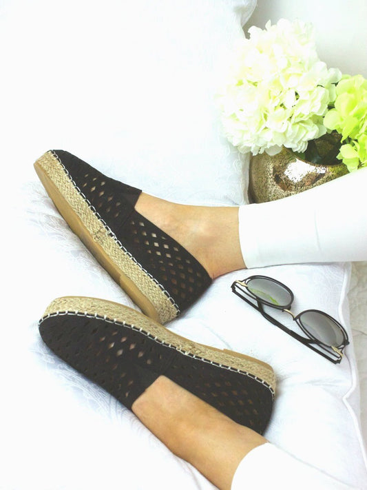 Scarlett Black Laser Cut Espadrille Pumps