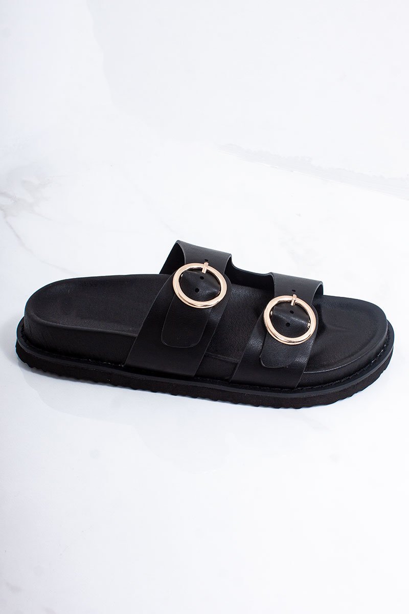 Selene Black Double Buckle Strap Chunky Sole Sandals