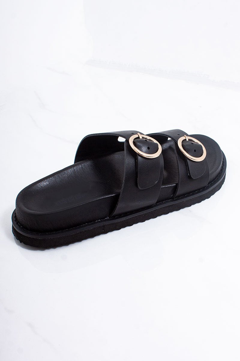 Selene Black Double Buckle Strap Chunky Sole Sandals