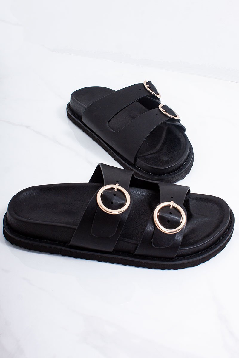 Selene Black Double Buckle Strap Chunky Sole Sandals