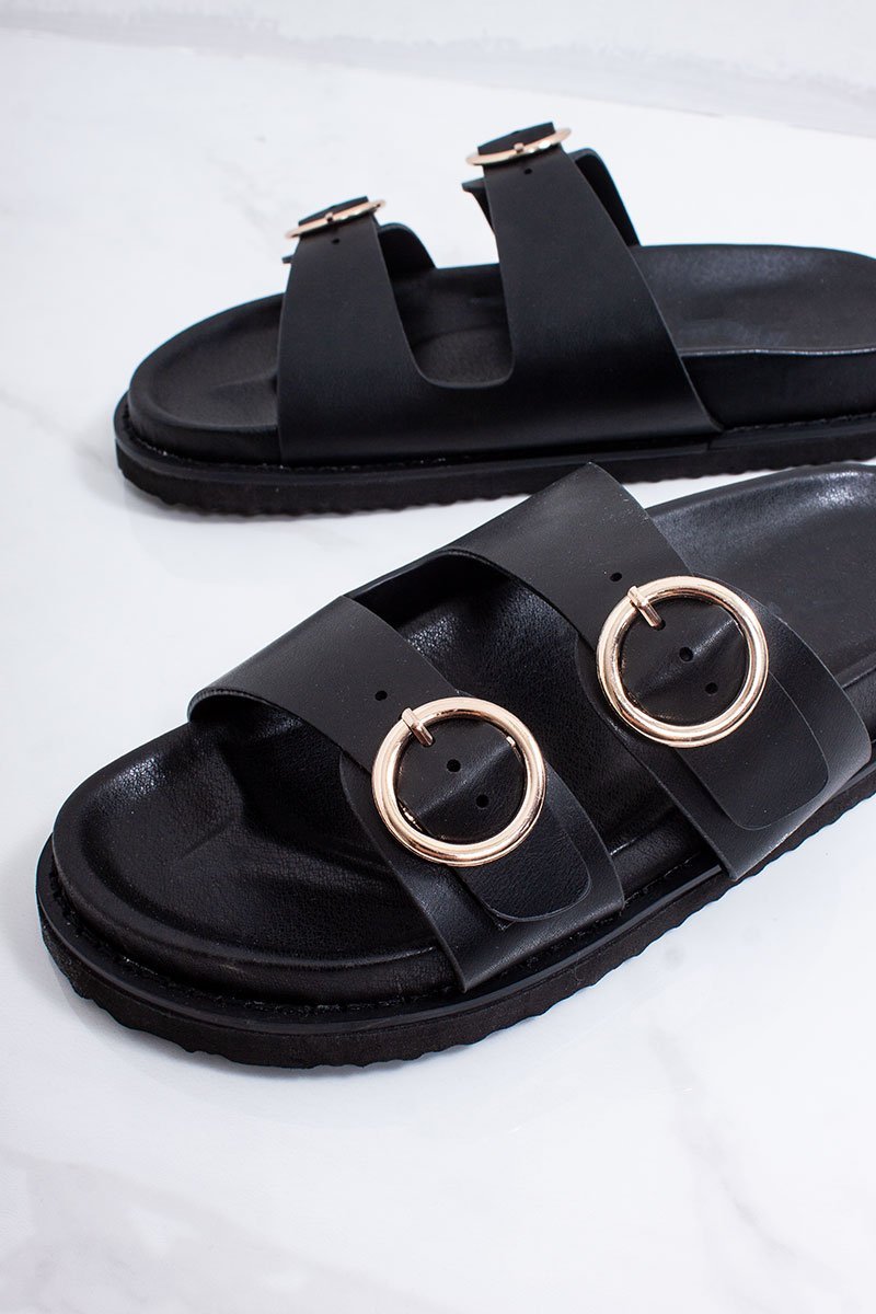 Selene Black Double Buckle Strap Chunky Sole Sandals