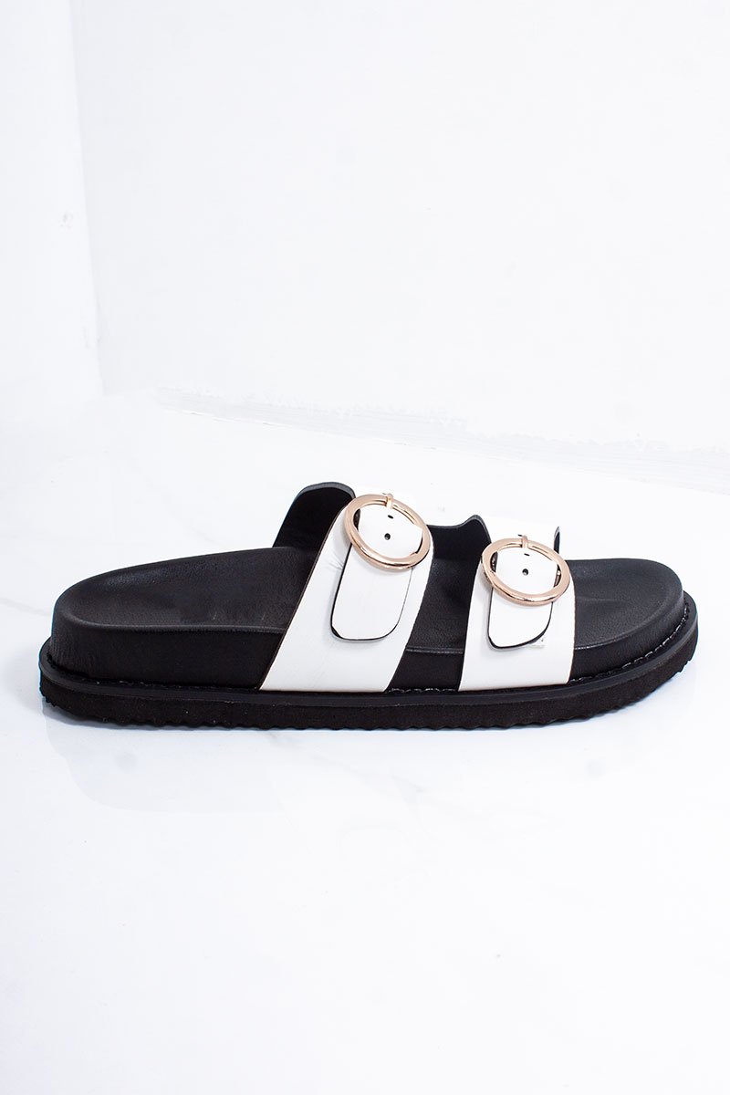 Selene White Double Buckle Strap Chunky Sole Sandals